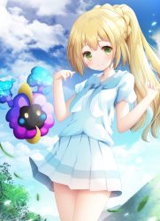 Rule 34 | 1girl, bad id, bad pixiv id, blonde hair, blue sky, braid, closed mouth, cloud, cloudy sky, cosmog, creatures (company), day, drawstring, game freak, gen 7 pokemon, green eyes, hands up, legendary pokemon, lillie (pokemon), long hair, looking at viewer, murano, nintendo, outdoors, pleated skirt, pokemon, pokemon (creature), pokemon sm, ponytail, puffy short sleeves, puffy sleeves, shirt, short sleeves, skirt, sky, smile, sparkle, very long hair, white shirt, white skirt