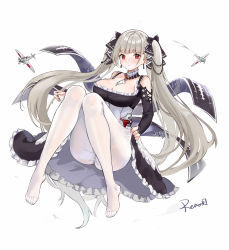 Rule 34 | 1girl, aircraft, artist name, ass, azur lane, bare shoulders, between breasts, black dress, bow, breasts, cleavage, detached collar, dress, feet, flight deck, formidable (azur lane), frilled dress, frills, grey hair, hair bow, highres, knees up, large breasts, long hair, long sleeves, looking at viewer, nail polish, no shoes, pantyhose, red eyes, rero (bigdoorbig2), simple background, solo, twintails, very long hair, white background, white pantyhose