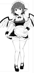 1girl alternate_costume animal_ears apron bird_ears bird_wings blush breasts chups cleavage detached_collar dress earrings enmaided feathered_wings frilled_apron frilled_dress frilled_sleeves frills full_body greyscale jewelry large_breasts maid maid_apron monochrome mystia_lorelei open_mouth shoes short_hair short_sleeves single_earring solo thighhighs touhou unfinished waist_apron wings wrist_cuffs