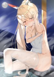 Rule 34 | 1girl, ayanami (azur lane), azur lane, blonde hair, blush, breasts, cleavage, closed mouth, collarbone, covering privates, full moon, hair between eyes, half-closed eyes, hand in own hair, high ponytail, highres, hino kagutsuki, long hair, moon, naked towel, night, nude cover, onsen, shiny skin, sitting, sky, small breasts, soaking feet, solo, star (sky), starry sky, thighhighs, towel, very long hair, white thighhighs, yellow eyes