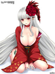 Rule 34 | 1girl, animal ears, blunt bangs, blush, breasts, choker, cleavage, collarbone, dungeon and fighter, ear piercing, floral print, flower, full body, hair flower, hair ornament, japanese clothes, kimono, knight (dungeon and fighter), large breasts, long hair, long sleeves, looking at viewer, obi, off shoulder, parted lips, piercing, red eyes, red flower, red rose, rose, sash, shaojiang, sidelocks, silver hair, sitting, smile, solo, v arms, very long hair, wide sleeves