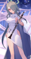 Rule 34 | 1girl, ainy, blue archive, breasts, clarinet, closed mouth, dress, feet out of frame, fingernails, green hair, hair over one eye, halo, highres, holding, holding instrument, instrument, large breasts, long hair, mina (blue archive), red eyes, sideboob, sleeveless, sleeveless dress, smile, solo, white dress