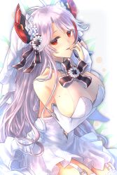 Rule 34 | 1girl, antenna hair, arm under breasts, azur lane, breasts, bridal gauntlets, bridal veil, cleavage, dress, garter straps, headgear, long hair, looking at viewer, mole, mole on breast, multicolored hair, notofuku, official alternate costume, prinz eugen (azur lane), prinz eugen (symphonic fate) (azur lane), red eyes, red hair, see-through, simple background, sitting, sleeveless, sleeveless dress, solo, streaked hair, two-tone hair, two side up, veil, wedding dress, white background, white dress, white hair