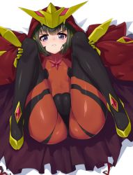 Rule 34 | 10s, 1girl, ass, bad id, bad pixiv id, bodysuit, cameltoe, cleft of venus, cloak, closed mouth, commentary request, covered navel, flat chest, from above, frown, full body, green hair, hat, hood, hood up, hooded cloak, hugging own legs, knees to chest, looking at viewer, lying, on back, prelati (symphogear), purple eyes, red bodysuit, senki zesshou symphogear, shiny clothes, shiny skin, short hair, skin tight, solo, sweatdrop, yoi naosuke