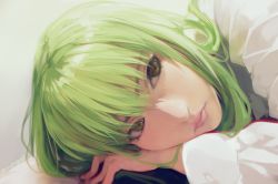 Rule 34 | 1girl, artist name, c.c., code geass, commentary request, creayus, dress shirt, green hair, head on hand, lips, long hair, looking at viewer, portrait, realistic, shirt, solo, white shirt, yellow eyes