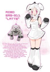 Rule 34 | 1girl, aibo (robot), android, animal ears, arm warmers, artist name, black gloves, blush stickers, breasts, cleavage, cleavage cutout, clothing cutout, collared dress, commentary, dog ears, dog girl, dog tail, dress, english commentary, english text, full body, gloves, hands up, high collar, joints, lapithai, leg warmers, looking at viewer, mechanical arms, mechanical legs, medium breasts, medium hair, multicolored background, open mouth, personification, pink background, pink eyes, reference inset, robot joints, short dress, solo, sony, standing, tail, tareme, white arm warmers, white background, white dress, white hair, white leg warmers