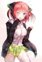 Rule 34 | 1girl, absurdres, black jacket, blue nails, blunt bangs, blush, breasts, butterfly hair ornament, buttons, eyes visible through hair, fingernails, go-toubun no hanayome, green skirt, hair ornament, hand to own mouth, highres, jacket, large breasts, long sleeves, looking at viewer, nail polish, nakano nino, off shoulder, one eye closed, open mouth, pink background, pink hair, shirt, short hair, simple background, skirt, smile, solo, thighhighs, thighs, toratora (nanahaba), white background, white shirt, white thighhighs, zettai ryouiki