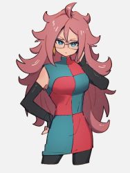 Rule 34 | 1girl, android 21, blue eyes, breasts, checkered clothes, checkered dress, closed mouth, dragon ball, dragon ball fighterz, dress, earrings, glasses, grey background, hair between eyes, hand on own hip, hoop earrings, jewelry, kemachiku, long hair, looking at viewer, medium breasts, pantyhose, red hair, simple background, solo