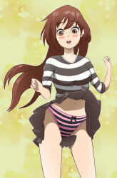 Rule 34 | 1girl, black bow, black shirt, black skirt, blush, borrowed character, bow, bow panties, breasts, brown eyes, brown hair, clothes lift, emirichu (character), highres, large breasts, long hair, looking down, navel, open mouth, panties, pink panties, shirt, skirt, skirt lift, standing, striped clothes, striped panties, striped shirt, surprised, teeth, underwear, wind, wind lift, yellow background