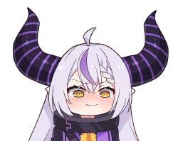 Rule 34 | 1girl, ahoge, black coat, blush, braid, chibi, coat, collar, commentary, demon horns, english commentary, female focus, french braid, hair between eyes, hololive, holox, horns, kukie-nyan, la+ darknesss, long hair, looking at viewer, metal collar, multicolored hair, pointy ears, purple hair, silver hair, simple background, single braid, solo, streaked hair, striped horns, tears, transparent background, two-tone hair, virtual youtuber, yellow eyes