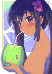 Rule 34 | 1girl, absurdres, black hair, blush, breasts, brown eyes, coconut, highres, k-on!, long hair, nakano azusa, nipples, nude, r1, solo, tan, twintails