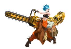 Rule 34 | 1girl, absurdres, aqua hair, beolgong1, black shirt, boots, chain, chainsaw, crop top, ear piercing, earrings, eyeshadow, full body, green eyes, highres, holding, holding chainsaw, jewelry, makeup, midriff, navel, orange pants, original, pants, parted lips, piercing, shirt, simple background, sleeveless, sleeveless shirt, smile, solo, standing, white background