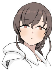 Rule 34 | 1girl, brown eyes, brown hair, closed mouth, ergot, hair between eyes, hood, hoodie, kantai collection, long hair, looking at viewer, portrait, simple background, solo, souya (kancolle), white background, white hoodie