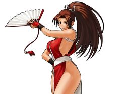 Rule 34 | 1girl, armor, breasts, brown eyes, brown hair, hand fan, fatal fury, folding fan, hair ribbon, hand on own hip, japanese armor, japanese clothes, kote, large breasts, long hair, neo geo battle coliseum, ninja, no panties, official art, ogura eisuke, pelvic curtain, ponytail, ribbon, rope, sash, shimenawa, shiranui mai, sideboob, snk, solo, the king of fighters