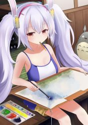 Rule 34 | 1girl, absurdres, alternate costume, animal ears, armpits, azur lane, bad id, bad pixiv id, bare shoulders, breasts, cleavage, collarbone, commentary request, contemporary, crossover, fake animal ears, hairband, highres, holding, laffey (azur lane), long hair, looking at viewer, manjirou (manji illust), mouth hold, multiple crossover, paintbrush, painting (action), painting (object), palette (object), pants, paper, popsicle stick, rabbit ears, red eyes, sitting, small breasts, solo, studio ghibli, susuwatari, tonari no totoro, totoro, twintails, white hair, wooden floor