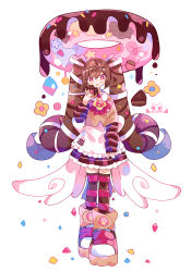 Rule 34 | 1girl, :p, absurdres, apron, artist logo, artist name, bitten, blush, blush stickers, bow, bowtie, brown footwear, brown hair, brown thighhighs, cake, chocolate cake, chocolate doughnut, collared shirt, commentary request, cowlick, doughnut, dress, flower, food, food-themed hat, hair as food, hair between eyes, hair ribbon, high tops, highres, long hair, long sleeves, low wings, muffin, multicolored footwear, original, personification, pink bow, pink bowtie, pink doughnut, plaid, plaid dress, red dress, red eyes, red footwear, red thighhighs, ribbon, shirt, shoes, sleeves past wrists, sneakers, sprinkles, striped clothes, striped thighhighs, thighhighs, tongue, tongue out, twintails, uenomigi, very long hair, white apron, white ribbon, wings, yellow pupils