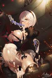 Rule 34 | 2b (nier:automata), all the way through, amputee, android, artist name, ass, bar censor, breasts, censored, constricted pupils, cum, cum in ass, cum in mouth, cum in pussy, cum on body, cum on breasts, cum on clothes, cum on lips, cum on stomach, cum on upper body, cum overflow, damaged, eyelashes, green eyes, hairband, highres, large breasts, large insertion, leg grab, looking up, motion blur, nier:automata, nier (series), open mouth, pain, puffy sleeves, rikume, robot, saliva, silver hair, skindentation, solo, spread legs, stomach bulge, sweat, tears, torn clothes, vomit, vomiting, vomiting cum