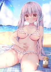 Rule 34 | 1girl, beach, beach towel, bead necklace, beads, bikini, blush, breasts, brown eyes, cameltoe, cleft of venus, cloud, commentary request, crotch, day, frilled bikini, frills, hair between eyes, hair ornament, highres, horizon, jewelry, large breasts, long hair, lotion, mountainous horizon, necklace, ocean, original, outdoors, palm tree, parted lips, sidelocks, silver hair, sitting, skindentation, solo, sunscreen, suzukawa yui, swimsuit, thighs, towel, tree, twintails, underboob, white bikini