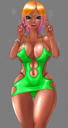 Rule 34 | 1girl, bodycon, breasts, cleavage, clothing cutout, covered erect nipples, dark-skinned female, dark skin, double v, dress, erect clitoris, eyeshadow, female focus, g-string, ganguro, gradient hair, highres, hip vent, huge breasts, impossible clothes, large breasts, makeup, microdress, microskirt, minidress, miniskirt, multicolored hair, nail polish, navel cutout, nb teishoku, pink nails, puffy nipples, revealing clothes, shiny clothes, shiny skin, short hair, skirt, smile, solo, streaked hair, thong, v, whale tail (clothing)