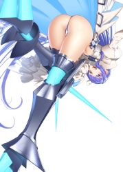 Rule 34 | 1girl, :d, armor, armored boots, ass, bent over, blue eyes, blue ribbon, blush, boots, breasts, commentary request, crotch plate, fate/extra, fate/extra ccc, fate/grand order, fate (series), from behind, hair ribbon, long hair, long sleeves, looking at viewer, looking back, meltryllis (fate), meltryllis (third ascension) (fate), navel, open mouth, purple hair, revealing clothes, ribbon, saruchitan, simple background, sleeves past wrists, smile, solo, thighhighs, very long hair, white background