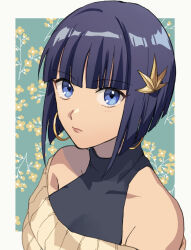 Rule 34 | 1girl, blue eyes, blue hair, blunt bangs, border, closed mouth, collarbone, earrings, flower, grey border, hair ornament, jewelry, latla mirah, looking at viewer, off-shoulder sweater, off shoulder, portrait, ribbed sweater, short hair, solo, soso (sosoming), straight hair, sweater, undead unluck, white sweater, yellow flower