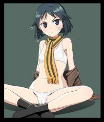 Rule 34 | 10s, 1girl, :&lt;, arm support, bandages, bandage on face, bandaid, bandaid on face, black border, black eyes, black hair, border, bra, brave witches, breasts, cameltoe, caryo, gloves, kanno naoe, nanashino, navel, off shoulder, panties, short hair, sitting, small breasts, solo, sports bra, strike witches, underwear, white bra, white panties, world witches series