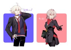 Rule 34 | 1boy, 1girl, ahoge, antonio salieri (fate), antonio salieri (second ascension) (fate), black cardigan, black choker, black gloves, black jacket, black pants, black suit, cardigan, choker, collared shirt, commentary request, fate/grand order, fate (series), formal, genderswap, genderswap (ftm), genderswap (mtf), gloves, grey hair, hair between eyes, hand on own hip, highres, jacket, jeanne d&#039;arc alter (fate), jewelry, kimidorix32, long sleeves, necktie, open clothes, open jacket, open mouth, pale skin, pants, pendant, red eyes, red necktie, red scarf, scarf, school uniform, shirt, suit, white shirt, yellow eyes