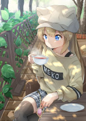 Rule 34 | 1girl, animal ears, animal hat, armchair, black thighhighs, blue eyes, brown shirt, cabbie hat, cat ears, cat girl, cat hat, cat tail, chair, closed mouth, collarbone, commentary request, crossed legs, cup, day, fake animal ears, feet out of frame, grey skirt, hair between eyes, hat, highres, holding, holding cup, holding removed eyewear, light brown hair, long hair, long sleeves, looking away, on chair, original, outdoors, pink-tinted eyewear, plaid, plaid skirt, saucer, shirt, sitting, skirt, solo, sora (silent square), steam, sunglasses, table, tail, tail raised, teacup, thighhighs, tinted eyewear, tree, unworn eyewear, very long hair, white hat, yellow-framed eyewear