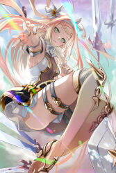 Rule 34 | 1girl, absurdres, blonde hair, blush, bound, bound arms, braid, braided bangs, breasts, commentary, elbow pads, elf, epic seven, finger cots, floating, floating object, floating weapon, flower, full body, green eyes, hair flower, hair ornament, hairband, highres, iseria (epic seven), l.f., legwear garter, long hair, looking at viewer, medium breasts, multiple swords, no panties, outdoors, pointy ears, skirt, skirt set, thigh strap, thighhighs, thorns, thumb ring, white flower