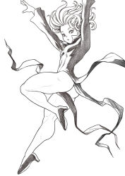 Rule 34 | 1girl, ass, dress, greyscale, high heels, looking at viewer, monochrome, one-punch man, open mouth, pokkuti, solo, tatsumaki, thick thighs, thighs, toned, white background