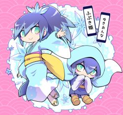 Rule 34 | 2girls, blue hair, blush stickers, fubukihime, green eyes, high ponytail, hood, japanese clothes, kimono, long hair, looking at viewer, multicolored hair, multiple girls, nollety, purple hair, sandals, seigaiha, sleeves past fingers, sleeves past wrists, smile, two-tone hair, youkai (youkai watch), youkai watch, yukionna (youkai watch), zouri