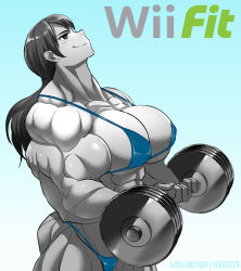 Rule 34 | 1girl, biceps, bikini, breasts, cleavage, colored skin, elee0228, extreme muscles, female focus, gao (gaolukchup), grey skin, highres, large breasts, muscular, muscular female, nintendo, ponytail, solo, super smash bros., swimsuit, weights, wii fit, wii fit trainer, wii fit trainer (female)
