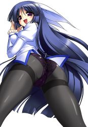 Rule 34 | 1girl, :d, akazawa red, ass, bad id, bad pixiv id, black pantyhose, blazer, blue hair, blush, breasts, cameltoe, cleft of venus, cowboy shot, from below, hair ribbon, hime cut, jacket, lace, lace-trimmed panties, lace trim, large breasts, long hair, long sleeves, looking at viewer, looking back, mitarai izumi, no pants, open mouth, panties, panties under pantyhose, pantyhose, pink panzer (eromanga), puffy long sleeves, puffy sleeves, purple eyes, purple panties, ribbon, school uniform, simple background, smile, solo, spread legs, standing, thighband pantyhose, underwear, very long hair, white background