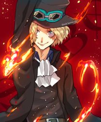 Rule 34 | 1boy, artist name, belt, blonde hair, blue eyes, blue shirt, character name, ascot, curry gohan, fire, goggles, goggles on headwear, hat, jacket, male focus, one piece, sabo (one piece), scar, shirt, smile, solo, top hat