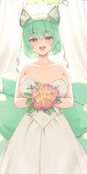 Rule 34 | 1girl, :d, absurdres, animal ear fluff, animal ears, bare arms, bare shoulders, blush, bouquet, breasts, bridal veil, collarbone, commission, curtains, dress, flower, fox ears, fox girl, fox tail, green hair, hairband, highres, holding, holding bouquet, large breasts, multiple tails, open mouth, original, pink flower, pink rose, red eyes, rose, short hair, smile, solo, strapless, strapless dress, tail, thick eyebrows, twin (tt lsh), veil, wedding dress, white dress, white hairband