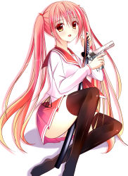 Rule 34 | 1girl, black thighhighs, brown eyes, finger on trigger, hidan no aria, highres, holding, holding hands, holding sword, holding weapon, kanzaki h. aria, katana, long hair, open mouth, panties, pantyshot, pink hair, pink skirt, pleated skirt, school uniform, simple background, sitting, skirt, solo, sword, thighhighs, tongtongtong, twintails, underwear, weapon, white background, white panties, white thighhighs