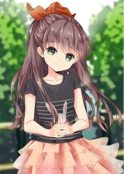 Rule 34 | 1girl, alci-chan, blurry, blurry background, bow, brown hair, day, green eyes, hair bow, highres, interlocked fingers, long hair, looking at viewer, outdoors, pink skirt, railing, red bow, shirt, skirt, smile, solo, standing, t-shirt, tree