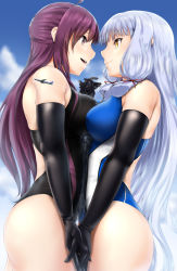 Rule 34 | 2girls, aircraft, airplane, ass, asymmetrical docking, bare shoulders, black gloves, blush, breast press, breasts, building, closed mouth, competition swimsuit, destruction, elbow gloves, giant, giantess, gloves, hagikaze (kancolle), hair ribbon, half updo, highres, holding hands, interlocked fingers, kantai collection, long hair, looking at another, medium breasts, multiple girls, murakumo (kancolle), one-piece swimsuit, open mouth, purple eyes, purple hair, rakia (ds00309), red eyes, ribbon, skyscraper, smile, swimsuit, tokyo skytree, tress ribbon, very long hair, white hair, yuri