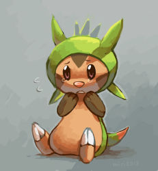 Rule 34 | artist name, brown eyes, chespin, creatures (company), dated, flying sweatdrops, full body, game freak, gen 6 pokemon, grey background, hands up, hatomura miri, nervous, nintendo, no humans, parted lips, pokemon, pokemon (creature), signature, simple background, sitting, solo, tears, teeth