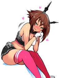 Rule 34 | 10s, 1girl, ass, bare shoulders, belly, black skirt, blush, breasts, brown hair, cleavage, cropped legs, green eyes, heart, highres, kantai collection, miniskirt, mutsu (kancolle), nac000, navel, open mouth, pink thighhighs, pleated skirt, shadow, shirt, short hair, simple background, sitting, skirt, sleeveless, sleeveless shirt, smile, solo, thighhighs, thighs, white background