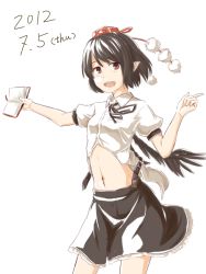 Rule 34 | 1girl, belt, black hair, dated, dress shirt, female focus, hat, kawashina (momen silicon), looking at viewer, midriff, navel, neck ribbon, note, notebook, open clothes, open mouth, open shirt, pointing, pointy ears, pom pom (clothes), red eyes, ribbon, shameimaru aya, shirt, short hair, simple background, skirt, smile, solo, tokin hat, touhou, white background, wings