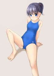 Rule 34 | 1girl, arena (company), barefoot, black hair, blue eyes, blue one-piece swimsuit, competition school swimsuit, feet, grey background, highres, one-piece swimsuit, original, pectorals, ponytail, school swimsuit, shibacha (shibacha 0728), short hair, simple background, sitting, smile, solo, swimsuit
