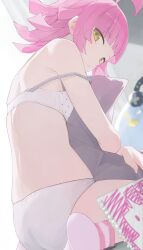 Rule 34 | 1girl, ahoge, ass, back, blunt bangs, blunt ends, blurry, blurry background, bra, breasts, commentary request, drawing (object), highres, hiroki (yyqw7151), hugging object, kneeling, looking at viewer, looking to the side, love live!, love live! nijigasaki high school idol club, median furrow, panties, pillow, pillow hug, pink hair, pink socks, sketchbook, small breasts, socks, solo, strap slip, striped clothes, striped socks, tennoji rina, underwear, underwear only, white bra, white panties, yellow eyes