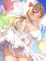 Rule 34 | 1girl, ass, blue sky, blush, breasts, bridal garter, bridal gauntlets, bridal veil, brown hair, buttons, clothes lift, commentary request, day, dress, dress lift, flower, grin, hair flower, hair ornament, heart button, index finger raised, large breasts, looking at viewer, mori airi, one eye closed, original, outdoors, panties, purple eyes, rose, sideboob, sky, smile, solo, standing, twisted torso, underwear, veil, wedding dress, white dress, white panties