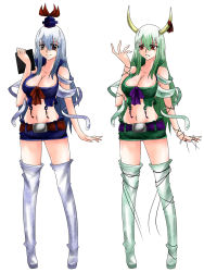 Rule 34 | 1girl, alternate costume, aoshima, bare shoulders, belt, blue hair, boots, bow, breasts, brown eyes, cleavage, curvy, dual persona, ex-keine, female focus, full body, green hair, hat, highres, hip focus, horn ornament, horn ribbon, horns, kamishirasawa keine, large breasts, long hair, midriff, miniskirt, multiple views, navel, red eyes, ribbon, simple background, skirt, smile, standing, string, thigh boots, thighhighs, thighs, touhou, very long hair, white background, zettai ryouiki