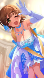 Rule 34 | 1girl, blue dress, blurry, blurry background, blush, braid, breasts, brown hair, choker, cleavage, crown braid, dress, earrings, elbow gloves, feet out of frame, gloves, hand on own thigh, highres, honda mio, idolmaster, idolmaster cinderella girls, indoors, jewelry, kurume, large breasts, layered dress, leaning forward, looking at viewer, necklace, open mouth, sash, short hair, shoulder sash, single bare shoulder, smile, solo, standing, strapless, stud earrings, waving, white gloves, yellow eyes