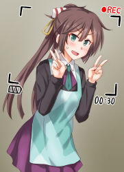 Rule 34 | 1girl, anti (untea9), apron, black sweater, brown hair, commentary request, cowboy shot, double v, green eyes, hair ribbon, highres, kantai collection, kazagumo (kancolle), leaning forward, long hair, looking at viewer, necktie, open mouth, ponytail, purple skirt, recording, ribbon, skirt, solo, sweatdrop, sweater, v, viewfinder