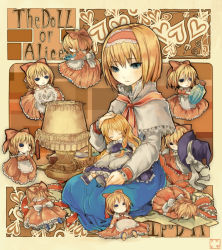 Rule 34 | 6+girls, alice margatroid, bad id, bad pixiv id, blonde hair, blue dress, capelet, character doll, doll, dress, expressionless, female focus, flying, full body, green eyes, hairband, heart, kirisame marisa, multiple girls, puffy short sleeves, puffy sleeves, seiju natsumegu, short hair, short sleeves, sitting, touhou
