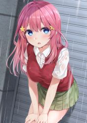 Rule 34 | 1girl, :o, ahoge, bare arms, blue eyes, blush, breasts, collared shirt, commentary request, cowboy shot, dutch angle, go-toubun no hanayome, green skirt, hair ornament, hands on own thighs, karutamo, leaning forward, long hair, looking at viewer, medium breasts, miniskirt, nakano itsuki, open mouth, pink hair, pleated skirt, rain, red vest, school uniform, shirt, short sleeves, sidelocks, skirt, solo, standing, star (symbol), star hair ornament, sweat, sweater vest, thighs, vest, wet, wet clothes, wet shirt, white shirt