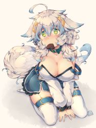 Rule 34 | 1girl, ahoge, animal ears, bare shoulders, beige background, blue hair, breasts, candy, chocolate, chocolate heart, cleavage, collar, collarbone, commentary request, detached sleeves, food, full body, green eyes, hair between eyes, heart, highres, kuromiya, large breasts, looking at viewer, medium hair, mouth hold, multicolored hair, original, shiromiya asuka, simple background, solo, tail, thighhighs, two-tone hair, valentine, white hair, white thighhighs